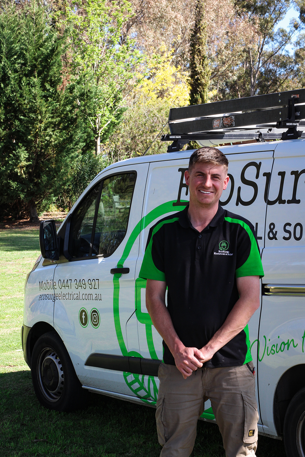 Barossa Valley Solar Installer and Electrician By EcoSurge Electrical & Solar Owner – Matt Dyson Matt from EcoSurge Electrical smiling proudly in front of a van displaying the distinctive white EcoSurge Electrical logo, showcasing professionalism and commitment to quality service in the Northern Suburbs of Adelaide.